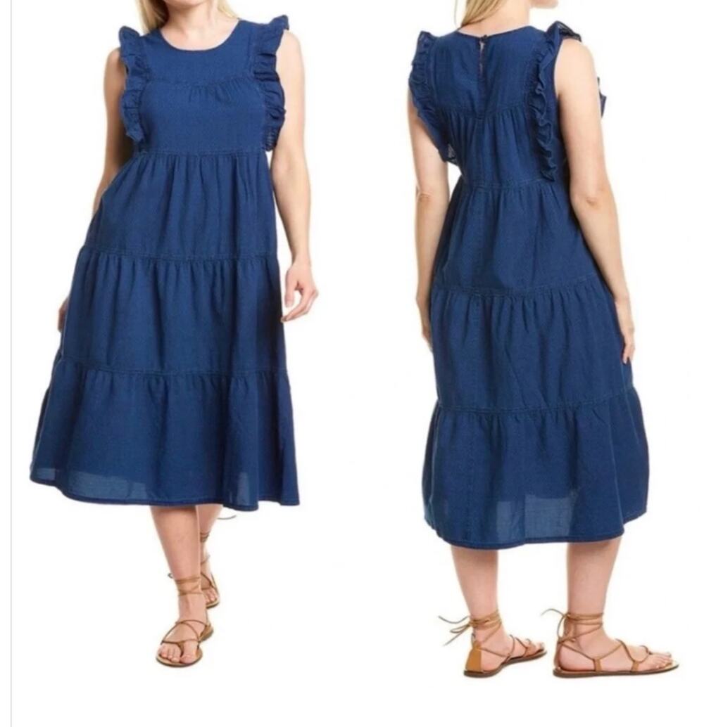 Madewell Womens M Blue Ruffled Bodice Tiered Sleeveless Midi Dress Boho Chic